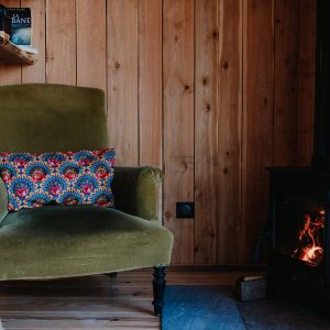 Hébergement insolite en Provence-Alpes-Côte dAzur : fauteuil vintage près dun poêle à bois.