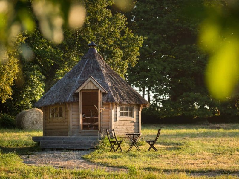 Cabane en bois avec toit de chaume, entourée de verdure en Bretagne.