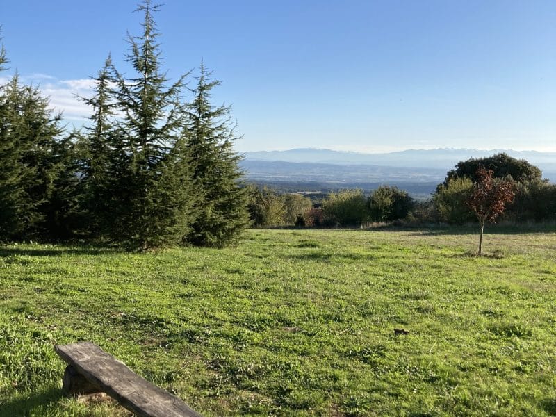 Chalet en pleine nature avec vue panoramique sur les montagnes et un banc en bois.