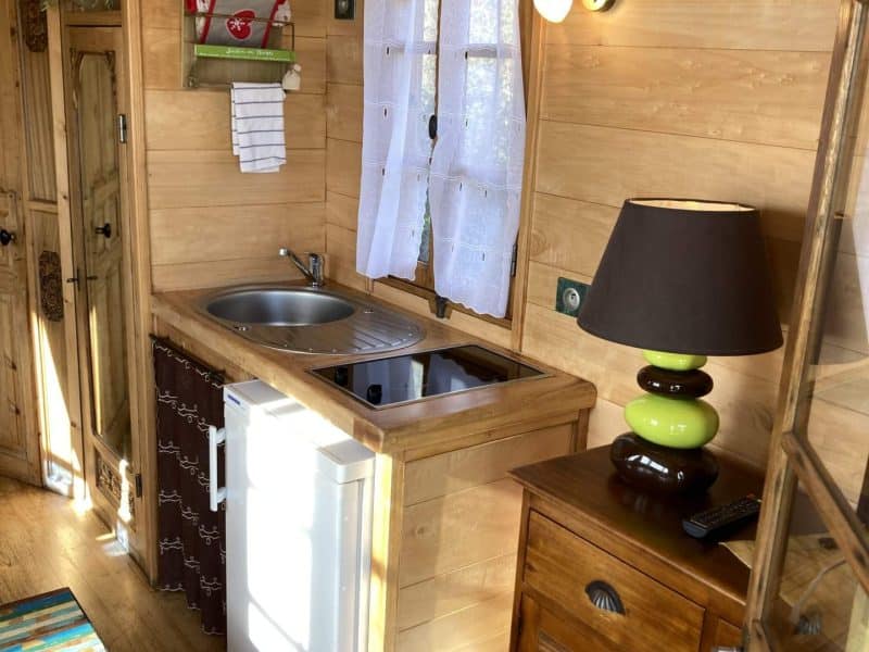 Charmante tiny house en bois avec cuisine équipée et lumière chaleureuse.