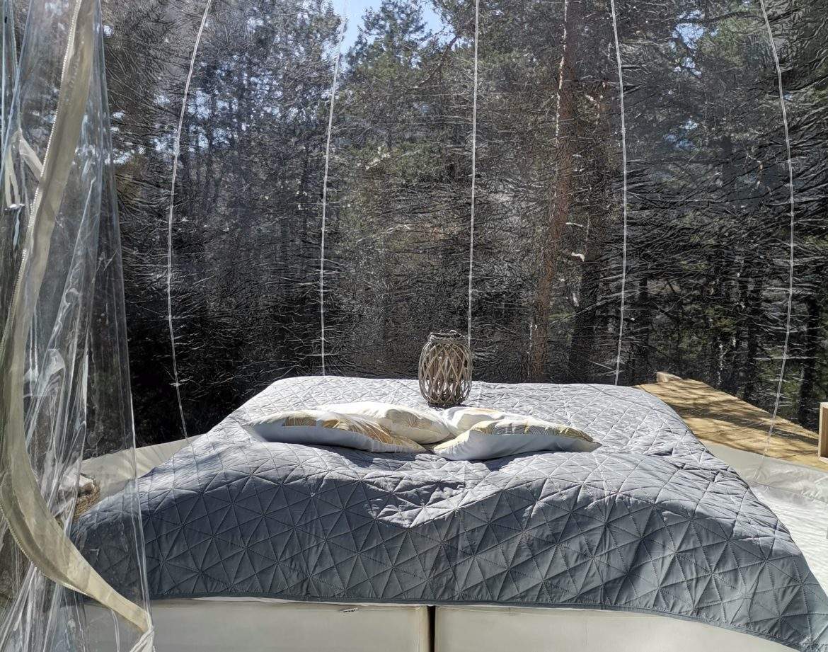 Hébergement insolite en bulle transparente, offrant une vue sur la forêt.