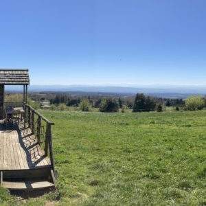 Cabane en bois avec vue panoramique sur les collines du Languedoc-Roussillon.