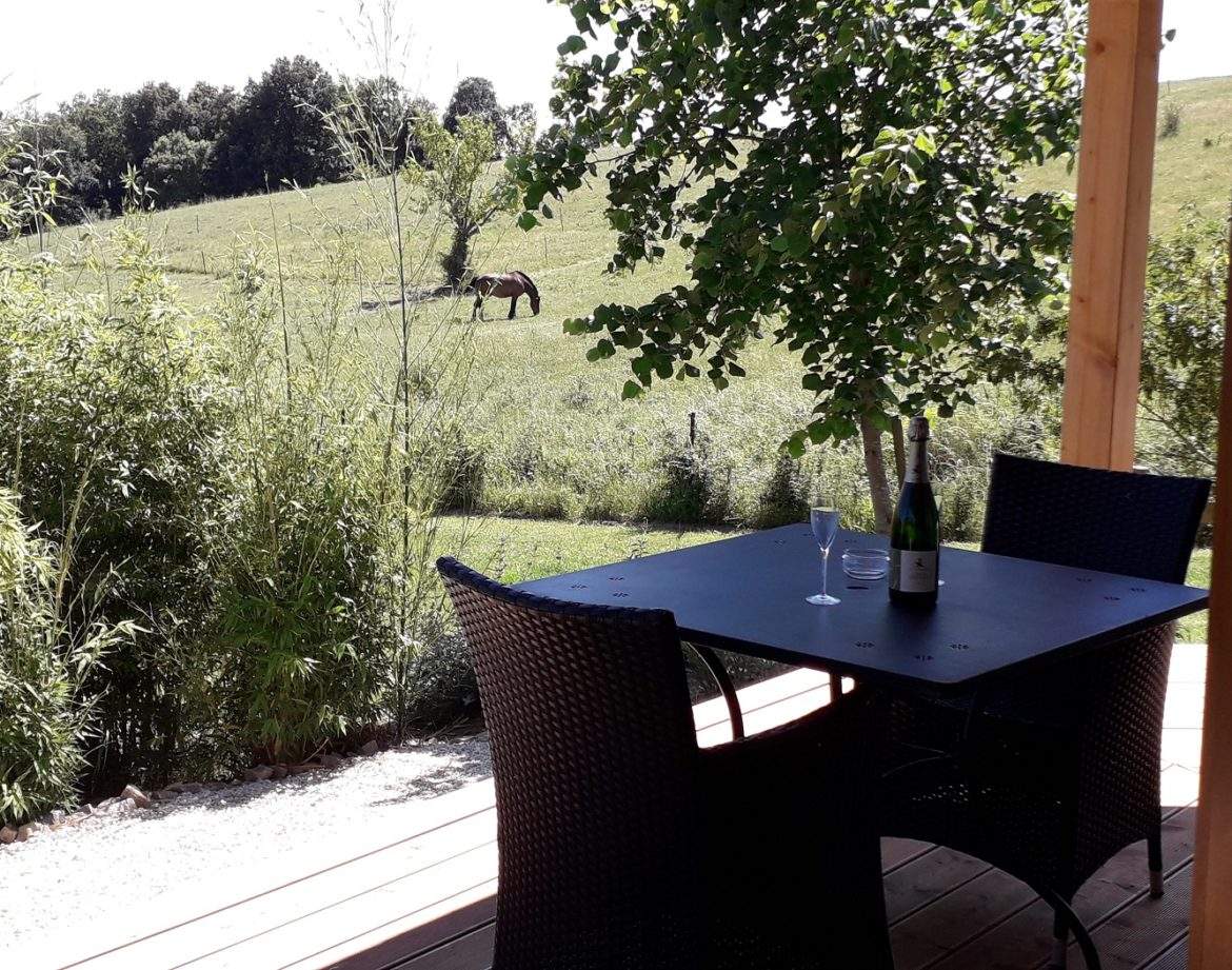 Hébergement insolite en Languedoc-Roussillon, terrasse avec vue sur un cheval.