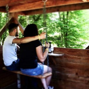 Cabane perchée en Auvergne-Rhône-Alpes, avec balançoire en bois et vue sur la nature.