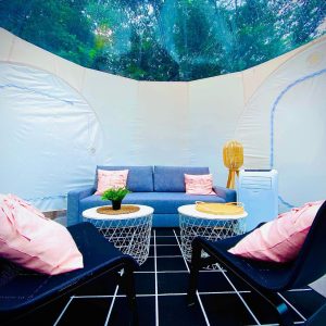 Hébergement insolite en bulle transparente, salon moderne avec canapé et tables déco.