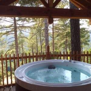 Cabane en bois avec jacuzzi, offrant une vue imprenable sur la forêt en Auvergne-Rhône-Alpes.
