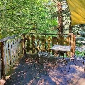 Cabane perchée en bois avec terrasse, entourée darbres verdoyants.