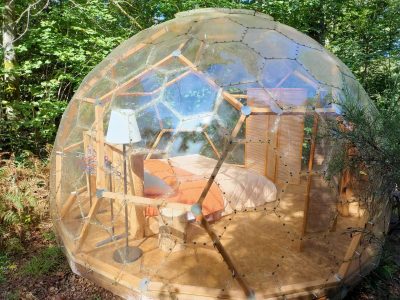 Dôme transparent en bois, offrant une vue imprenable sur la nature environnante.