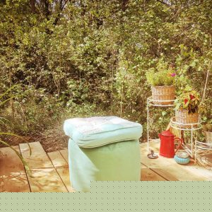 Hébergement insolite en pleine nature, avec un pouf coloré et des plantes décoratives.