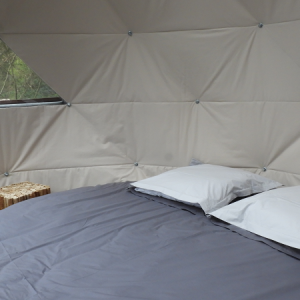 Dôme géodésique à Grand-Est, intérieur cosy avec lit rond et grandes fenêtres.