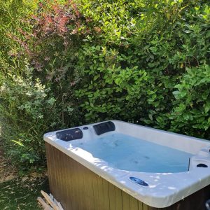 Hébergement insolite en Provence-Alpes-Côte dAzur avec jacuzzi entouré de verdure luxuriante.