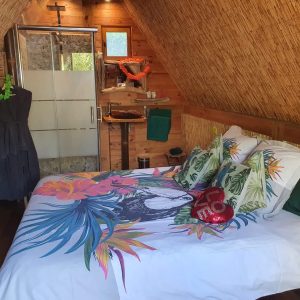 Hébergement insolite en cabane, lit douillet avec décor tropical et salle de bain intégrée.