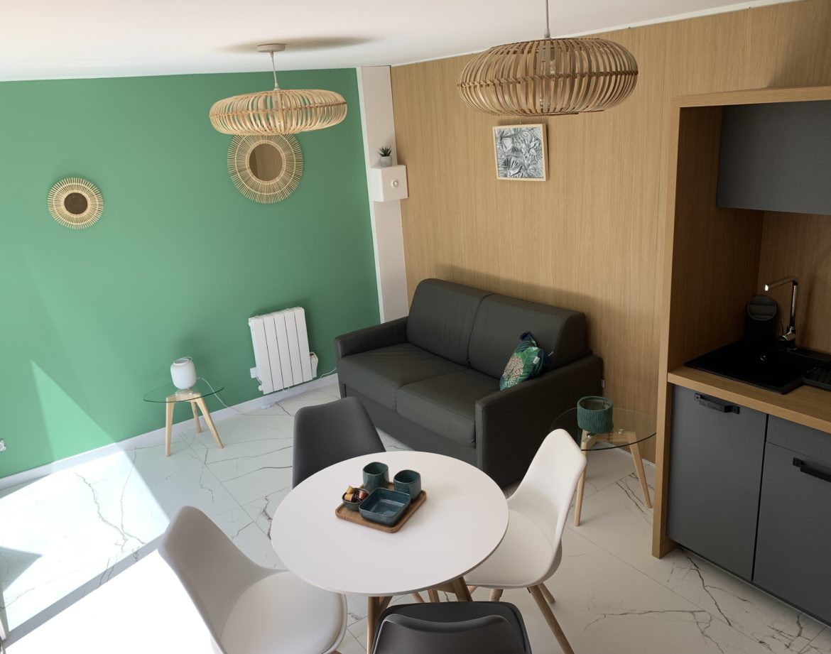 Hébergement insolite en Aquitaine : charmant studio moderne avec murs verts et mobilier scandinave.