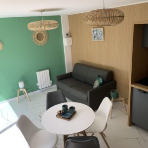 Hébergement insolite en Aquitaine : charmant studio moderne avec murs verts et mobilier scandinave.