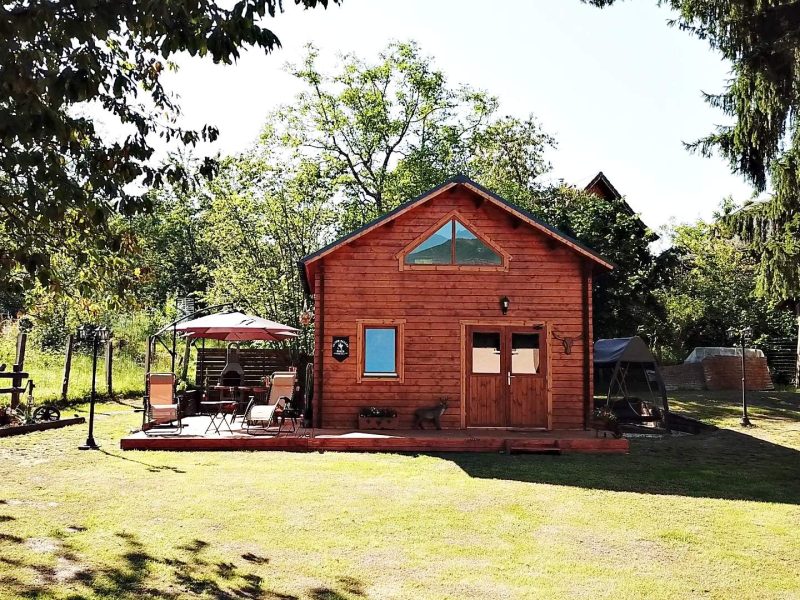 Charmante cabane en bois avec terrasse ombragée et jardin verdoyant.