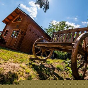 Cabane en bois dans un cadre verdoyant, avec un banc rustique en avant-plan.