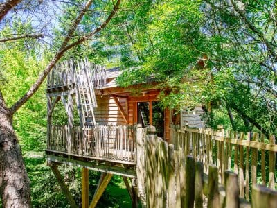 Cabane perchée dans les arbres, entourée de verdure luxuriante en Aquitaine.