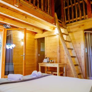 Cabane en bois avec mezzanine, vue sur la nature et décoration chaleureuse.
