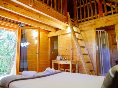 Cabane en bois avec mezzanine, vue sur la nature et décoration chaleureuse.