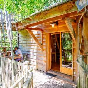 Cabane perchée en Aquitaine, avec terrasse en bois et échelle daccès.