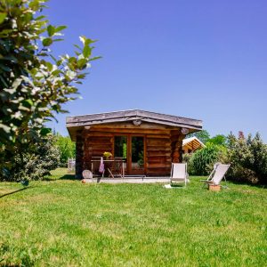 Cabane en bois dans un jardin verdoyant, idéale pour un séjour insolite en Aquitaine.