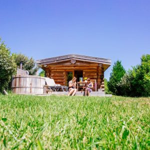 Cabane en bois avec jacuzzi, entourée de verdure en Aquitaine. Détente au soleil.