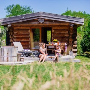 Cabane en bois en Aquitaine, avec terrasse et jacuzzi, idéale pour se détendre.