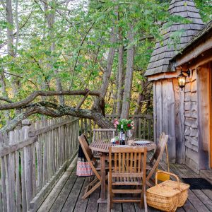 Cabane perchée en Aquitaine avec terrasse en bois et vue sur la nature.