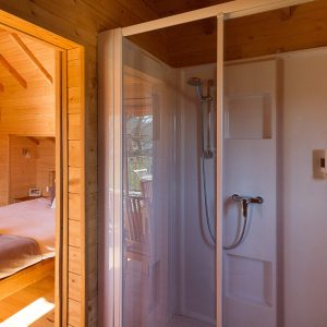 Cabane en bois avec salle de bain moderne, ambiance chaleureuse et naturelle.