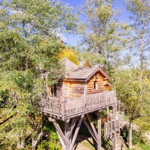 Cabane en bois perchée dans les arbres, entourée de verdure en Aquitaine.