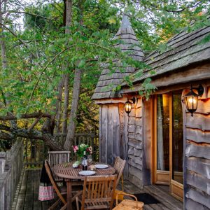 Cabane perchée en Aquitaine avec terrasse en bois et vue sur la nature environnante.