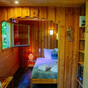 Cabane en bois cosy en Aquitaine, avec une vue sur la nature verdoyante.