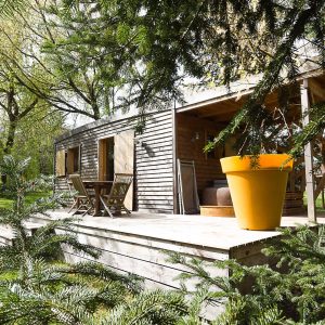 Cabane en bois nichée dans la verdure, avec une grande jardinière orange.