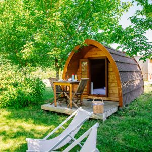 Cabane en bois en Aquitaine, entourée de verdure, avec terrasse et chaises longues.