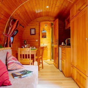 Hébergement insolite en Aquitaine : un intérieur en bois chaleureux avec coin cuisine.