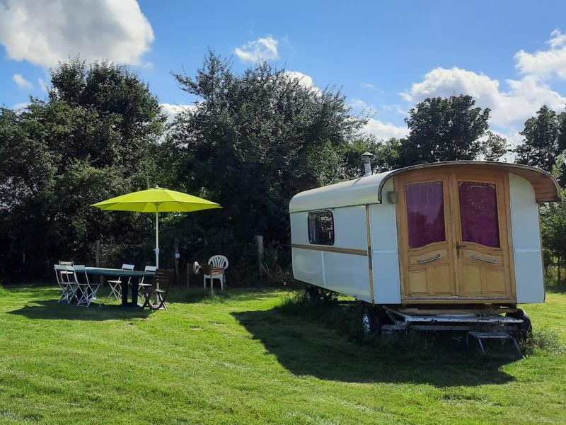 Caravane vintage entourée de verdure, avec une terrasse et parasol vert.