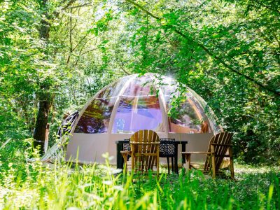 Dôme transparent en pleine nature, avec chaises en bois et verdure environnante.