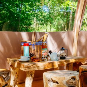 Hébergement insolite en Aquitaine : un espace cosy avec table en bois et vue sur la nature.