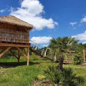 Cabane sur pilotis en Aquitaine, entourée de verdure et dune palme.