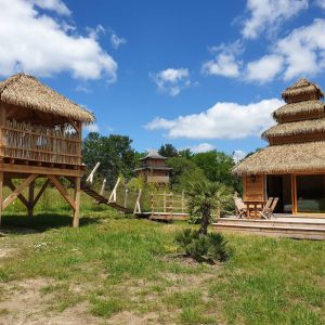 Hébergement insolite en Aquitaine : cabane en bois avec toit de chaume et terrasse ensoleillée.