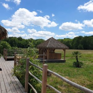 Hébergement insolite en Aquitaine : cabane en bois avec toit de chaume, vue sur la nature.