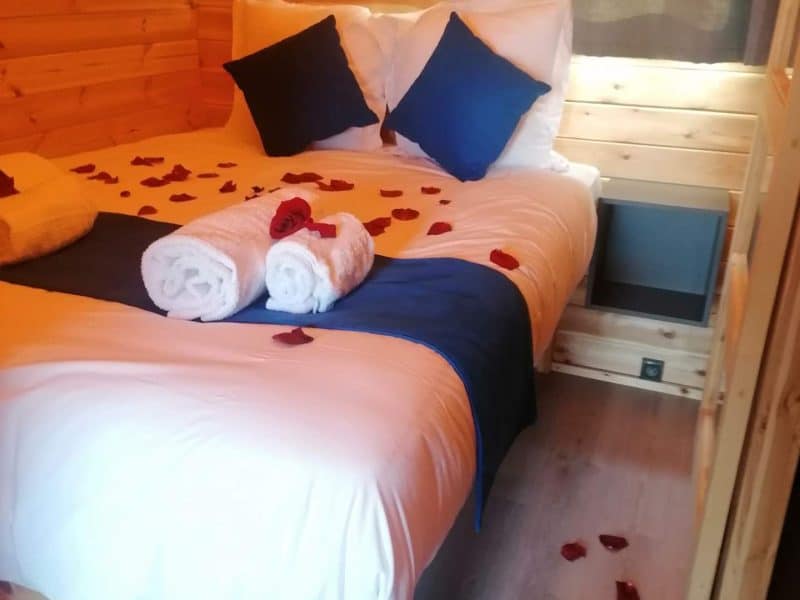 Chalet en bois romantique avec pétales de rose sur le lit et ambiance chaleureuse.