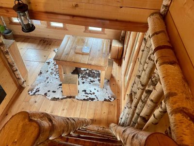 Cabane en bois avec un intérieur chaleureux et un tapis en peau de vache.