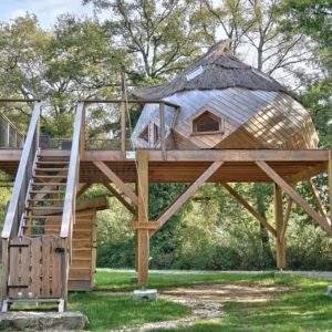 Cabane perchée en bois avec toit de chaume, entourée de verdure en Auvergne-Rhône-Alpes.
