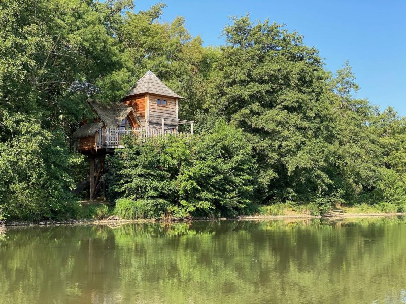 Cabane perchée au bord dun lac, entourée darbres verdoyants en Auvergne-Rhône-Alpes.