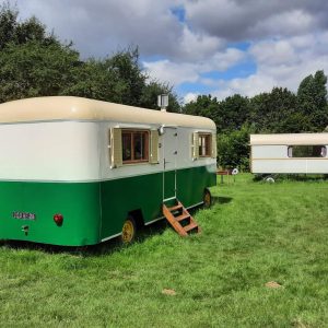 Caravane vintage colorée dans un jardin verdoyant, idéale pour un séjour insolite.