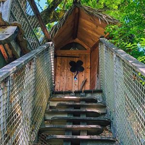 Cabane perchée en bois avec un toit en chaume et un escalier en bois.