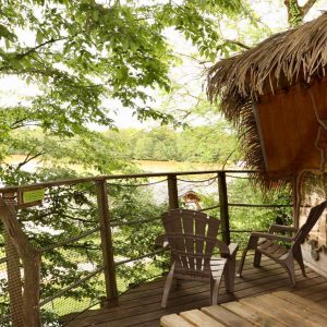 Cabane perchée en bois avec chaises sur une terrasse, entourée darbres verdoyants.