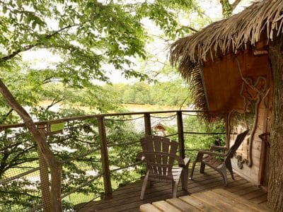 Cabane perchée en bois avec chaises sur une terrasse, entourée darbres verdoyants.