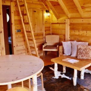 Cabane en bois chaleureuse avec mobilier en bois et tapis en peau de vache.